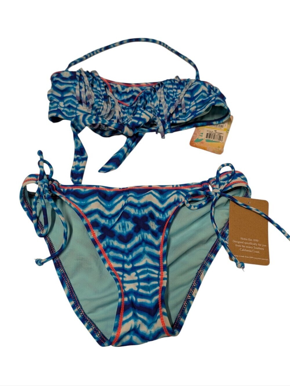Hobie Blue Fringe Halter Bikini Swimsuit Size M NWT Tropical Wave Print Tie Side - Picture 3 of 8